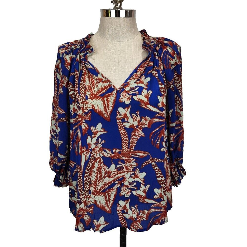 Gilner Farrar Ellie Floral‎ Blouse S Blue Red V-Neck Balloon Sleeve Lightweight
